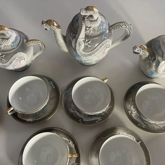 Moriage Raised Dragon Demitasse Tea Set; Dragon-ware Vintage